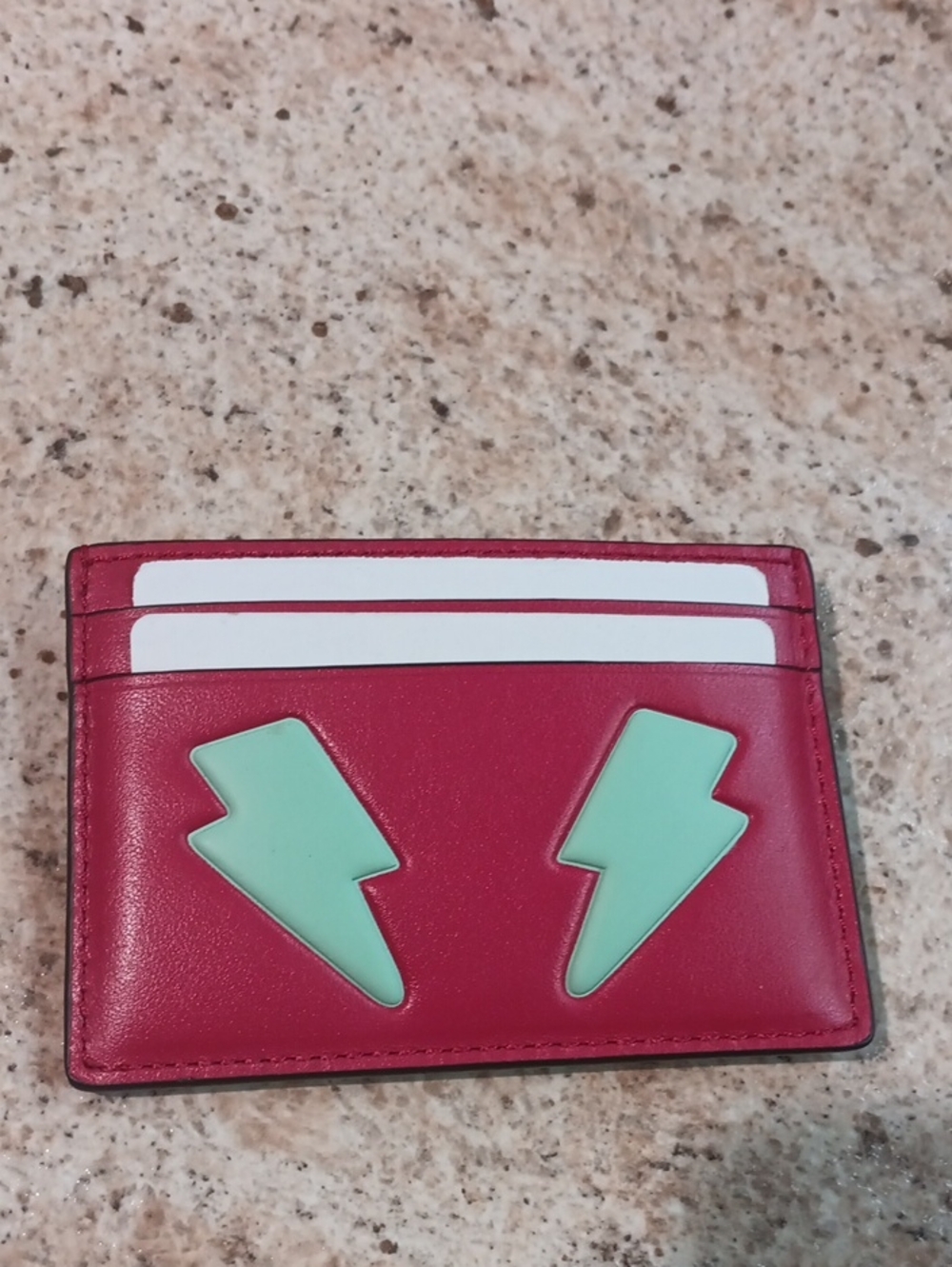 Coach Red Leather Card Case with Mint Lightning Bolts